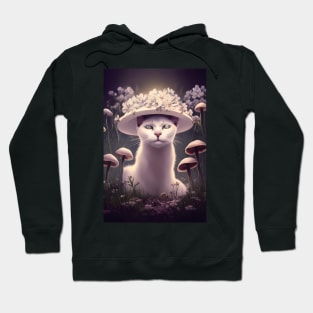 White Cat Under a Floral Mushroom | White cat with green eyes | Digital art Sticker Hoodie